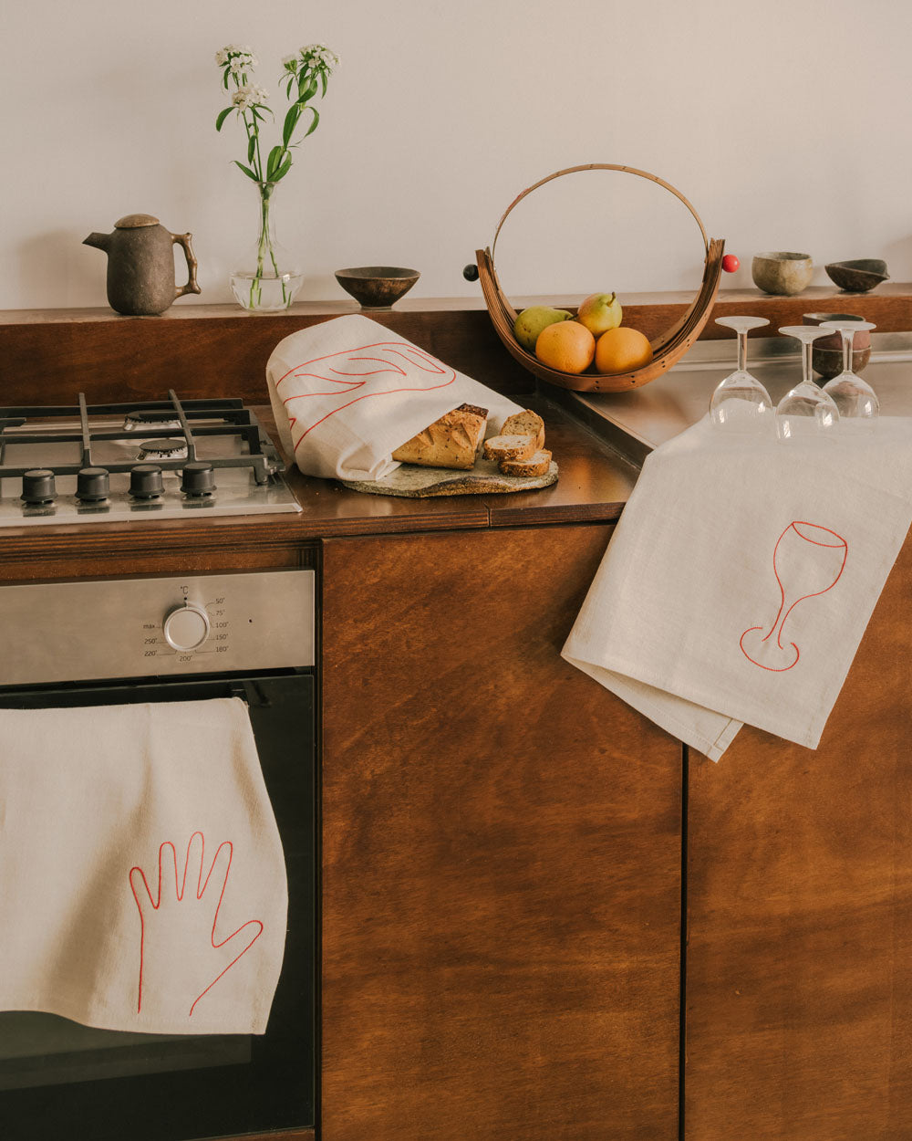 Hand, Bread, Glass Kitchen Towels - Set of 3