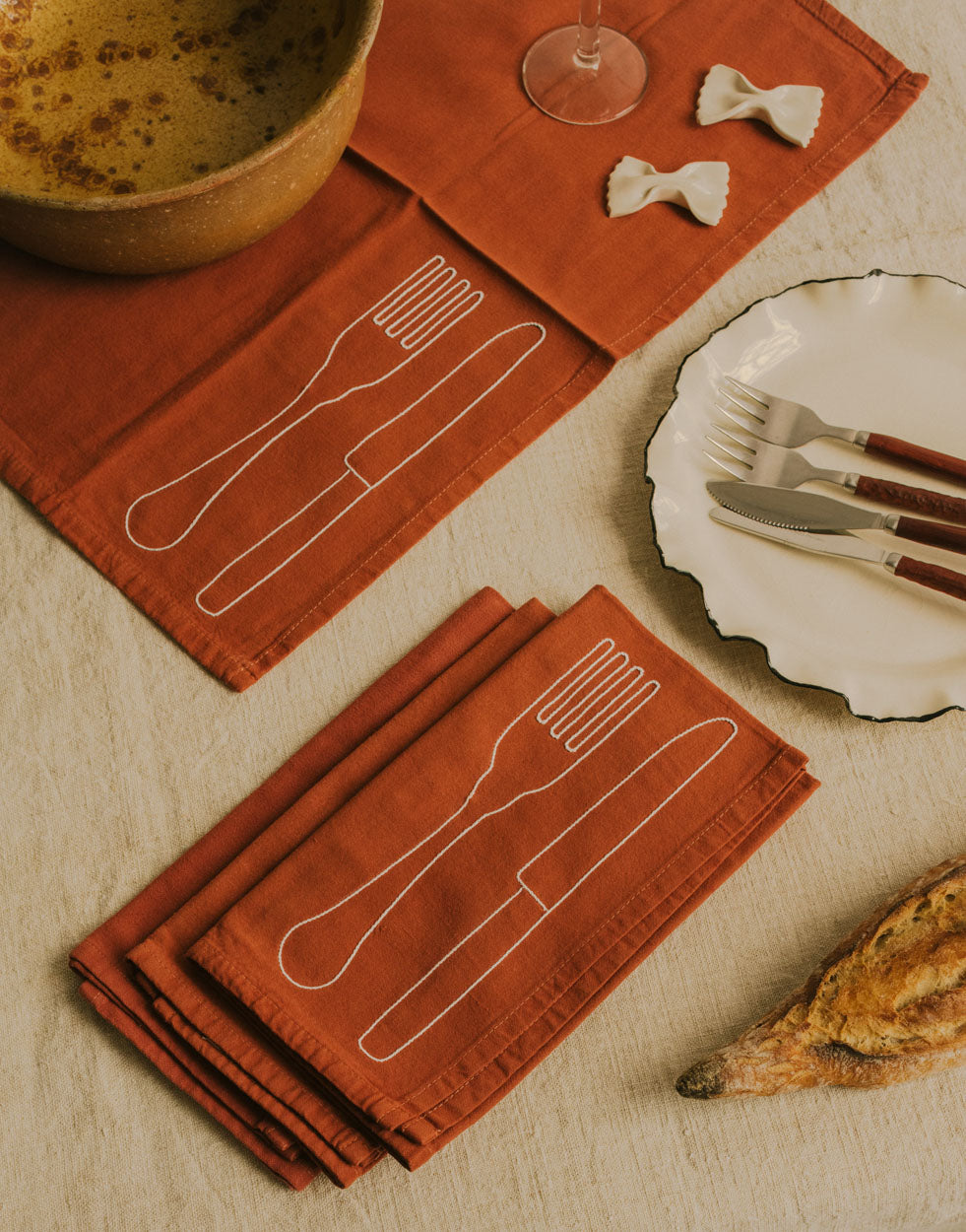 Serviettes Fourchette & Couteau Terracotta - Set de 6